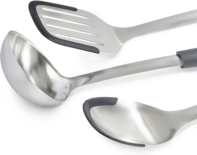 BergHOFF Graphite 3Pc Cooking Utensil Set, Recycled Material, Slotted Turner, Serving Spoon, Soup Ladle, Stainless Steel Head with Silicone Head, For Nonstick Cookware