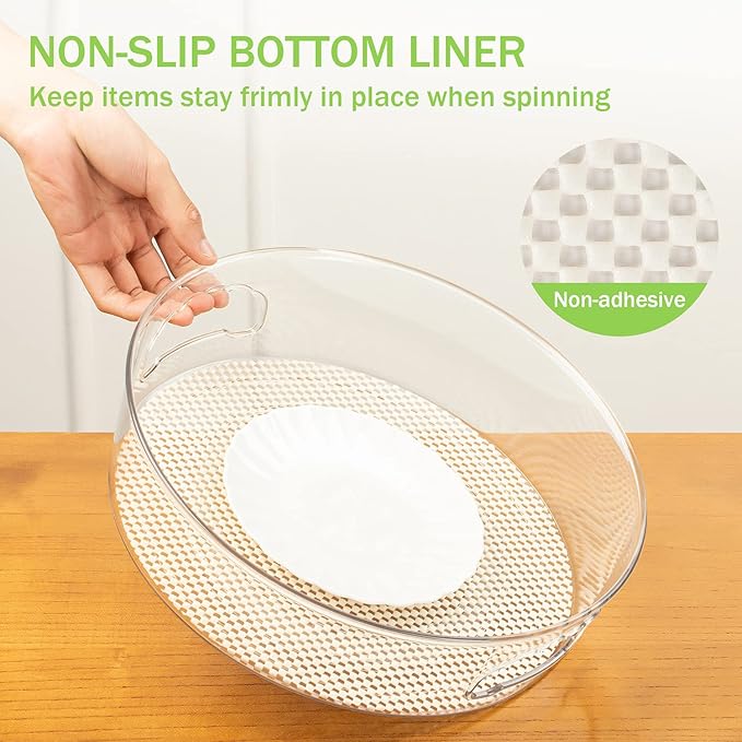 2 Pack Lazy Susan Cabinet Organizer with Handle 12 inch, Clear Spinning Lazy Susan Turntable for Pantry, Kitchen Sink, Corner Cabinet, Bathroom, Countertop, Non-Skid Liners Included, Free Rotating