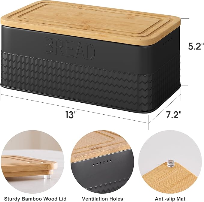 Black Bread Box for Kitchen Countertop, Large Bread Storage Container with Bamboo Lid, Iron Farmhouse Bread Box for Your House