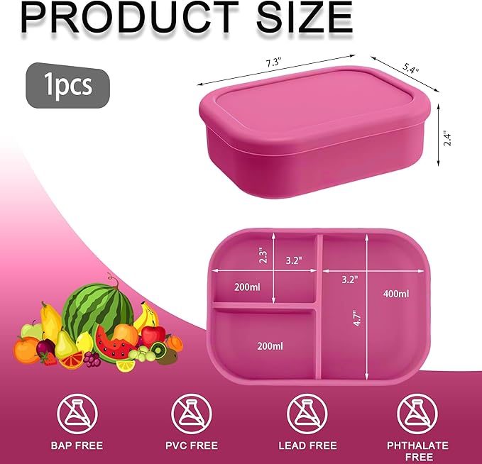 Silicone Adult Bento Box, 3 Compartment Leakproof Silicone Lunch Container, Lunch Box for Men and Women, BPA-Free, Microwave/Dishwasher/Freezer Safe, Reusable Snack Containers (Pink)