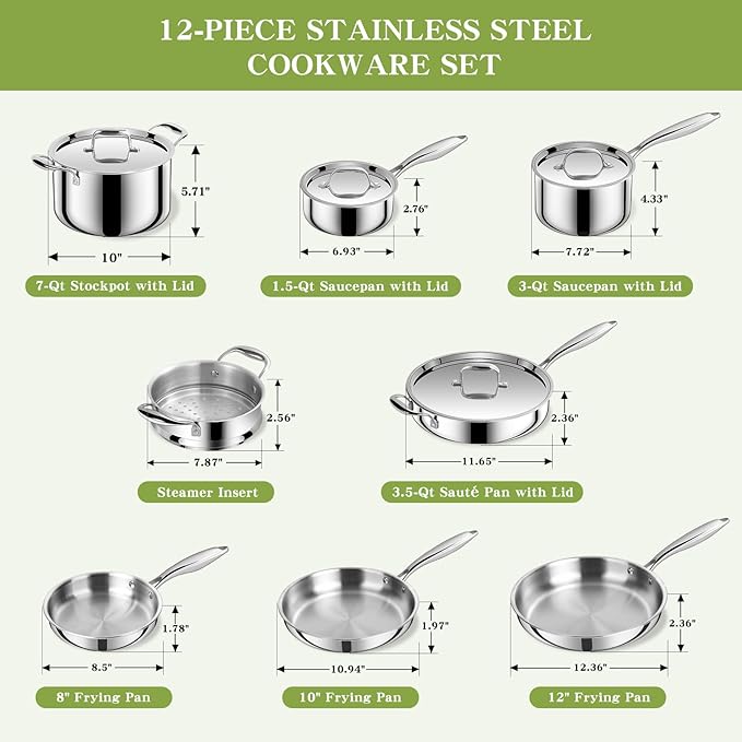 Triple Ply Stainless Steel Pots and Pans Set, EWFEN 12 Piece Induction Cookware Set, Oven Dishwasher Safe | Frying Pans, Saucepans, Saute Pan & Stock Pot, PFOA Free Kitchen Skillet
