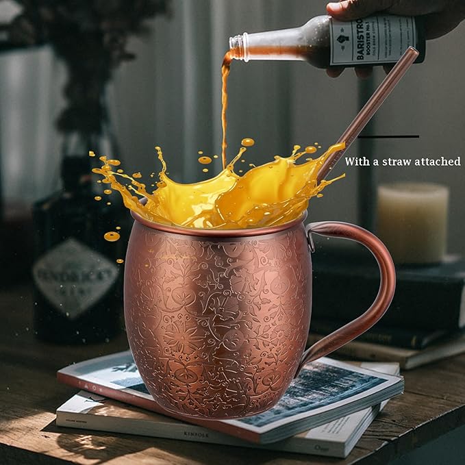 Moscow Mule MugsSet of 2-18 Oz Copper-Plated Fine Craftsmanship Etched Mugs,304 Stainless Steel-Lined Mule Cups,For Cold Drinks, Beer, Wine, Bars, Parties