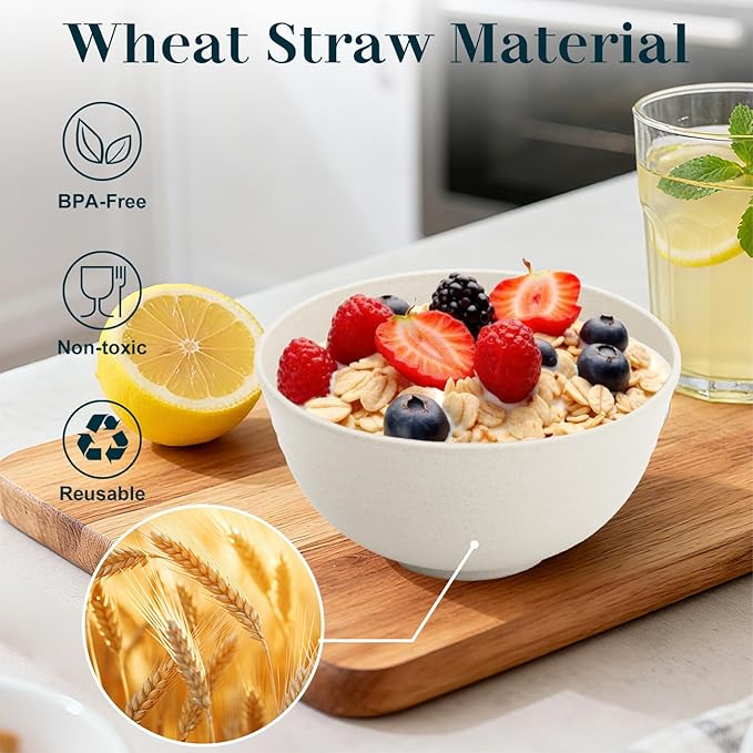Wheat Straw Bowl 26 OZ, Unbreakable Ramen Bowls Set of 8, Alternatives to Plastic Bowl Rusable, Microwave and Dishwasher Safe Dinner Bowls for Cereal, Salad, Kitchen, Camping, Party- White