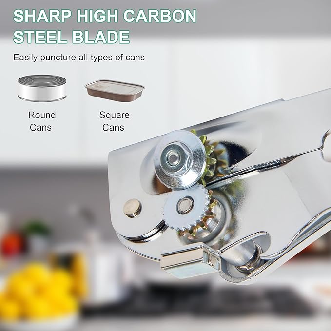 Manual Can Opener with Folding Crank Handle, Commercial Heavy Duty Hand Held Can Openers with Magnet, for Seniors with Comfortable Long Rubber Handle