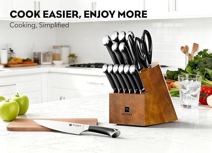 WIZEKA 15-Piece knife set, High Carbon Stainless Steel Kitchen Knife Set, Ultra Sharp Knife Block Set with Sharpener, Black, Crown Series