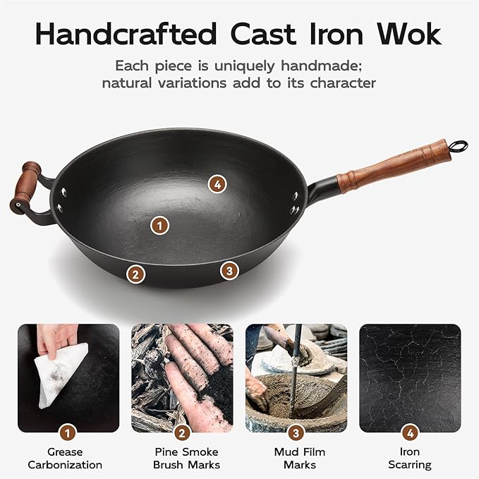 WANGYUANJI 13.4 Inch Cast Iron Wok with Lid and Iron Spatula, Flat Bottom Double-Handle Stir Fry Pan, Chemical-Free Uncoated Wok for Induction, Gas and Electric Stoves