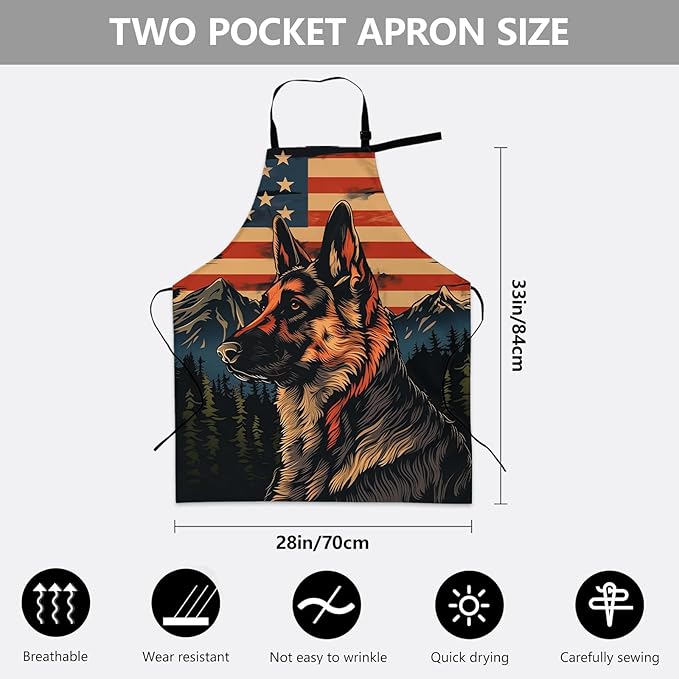 German Shepherd Pattern Apron, Adjustable Kitchen Patriotic Design with Dog Silhouette Aprons with Pockets for Cooking BBQ Gardening, 28×33 IN, Gifts for Women, for Chef Baking, Oxford Fabric