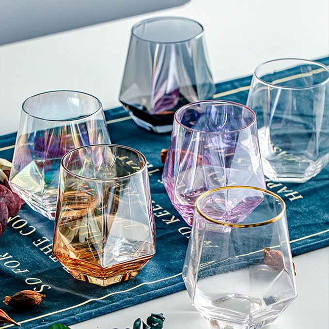 Wine Glasses Set Of 4,Stemless Wine Glass10 Oz Iridescent Glassware Modern Rainbow Wine Glass Colored Tumblers for Red Wine,Cocktail,Whiskey, Bourbon,Gift wine lovers (Iridescent)