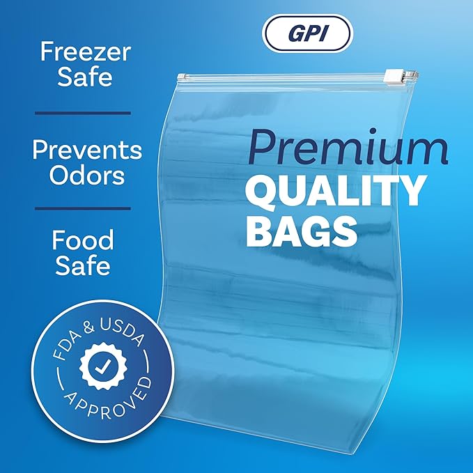 100 Count - Slider Zip 1 Gallon Food Storage Bags, 10" x 12" 3 Mil Heavy Duty, Large, Strong & Durable For Freezer Storage. GPI