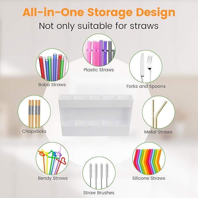 Acrylic Straw Holder, Straw Organizer Dispenser with Two Pieces Rubber Magnet Sheets, Drinking Straw Storage Holder for Cabinet Door Fridge Counter Kitchen Office(White)