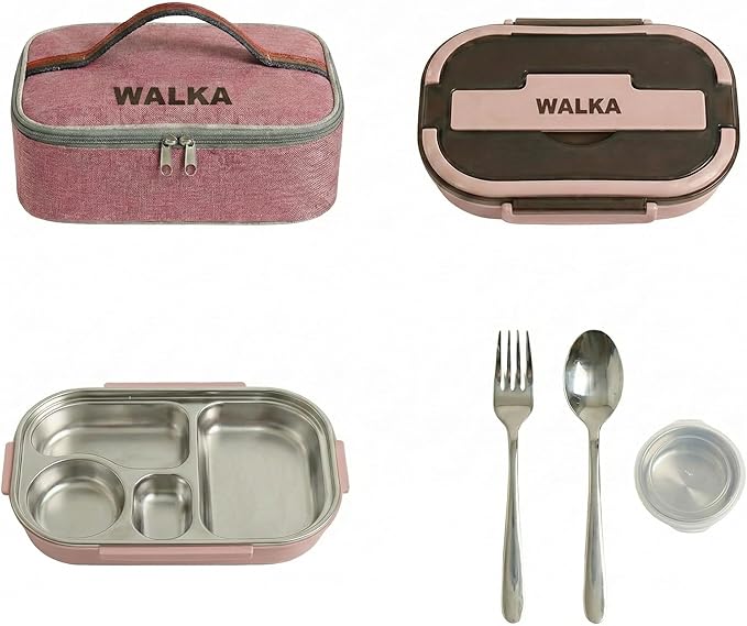 WALKA Lunch Box Stainless Steel, Metal Bento Boxes Leak-Proof, 4 Compartments Bento Lunch Box, Food Storage Containers, Dishwasher Safe with Bag (Pink)