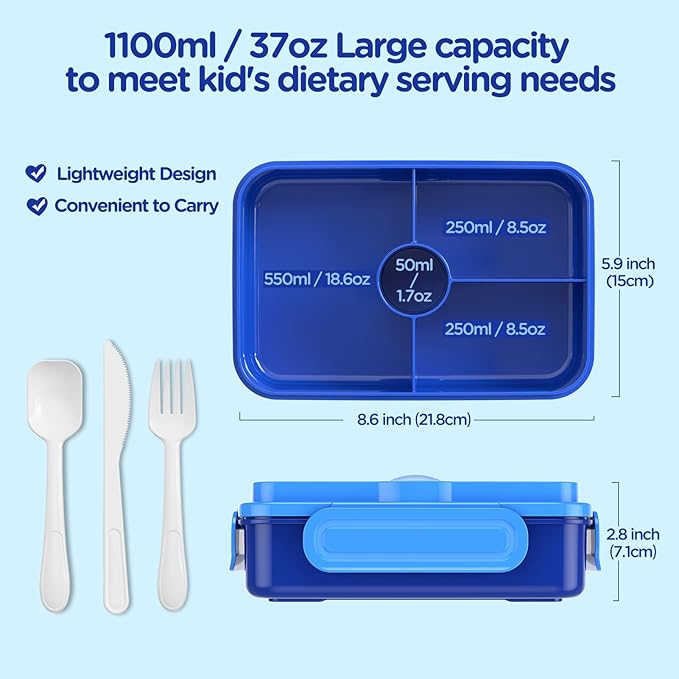 Jelife Bento Lunch Box - Kids Prints Leakproof 4 Compartments Large Bento-Style Bento Box Toddler Lunchbox Containers with Tableware Back to School, Reusable On-the-Go Meal and Snack Packing, Dianosar