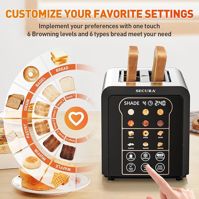 Secura 2 Slice Automatic Toaster Touch Screen Smart Toaster with Digital Timer 6 Bread Type & 6 Browning Levels, Reheat, Deforst, +10s Extended Customizable Memory Settings Great for Home, RV, Office