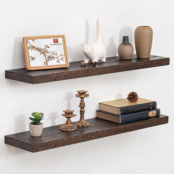 Fun Memories Floating Shelves for Wall Set of 2, Rustic Solid Elm Wood Wall Shelves 32 Inch - Invisible Bracket Mount for Living Room, Bathroom, Bedroom, Kitchen, Walnut