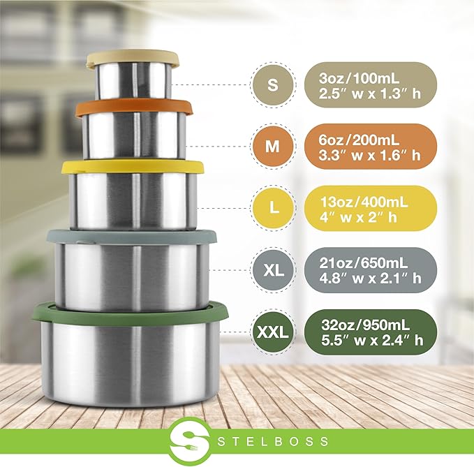 Stainless Steel Containers with Lids, Set of 5, Leakproof Stainless Steel Food Containers, Metal Food Storage Container, Stackable Toddler Snack Containers, Lunch Box Containers