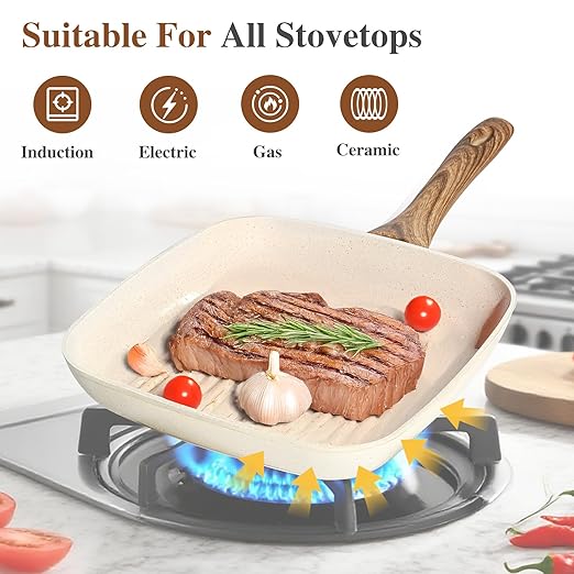 Grill Pan, Skillet Set 3 Piece, Frying Pan Non Stick with Stay Cool Handle & PFOA Free,Compatible with all Stovetops, Biege (9.5"10" 11")