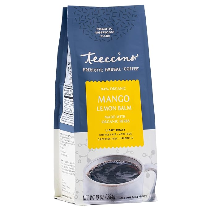 Teeccino Mango Lemon Balm - Prebiotic Superboost™ Herbal Blend - Steep Like Loose Leaf Tea or Brew Like Coffee – Support Probiotics 3 Vegan Prebiotics for Gut Health & Good Mood, 10 Ounce