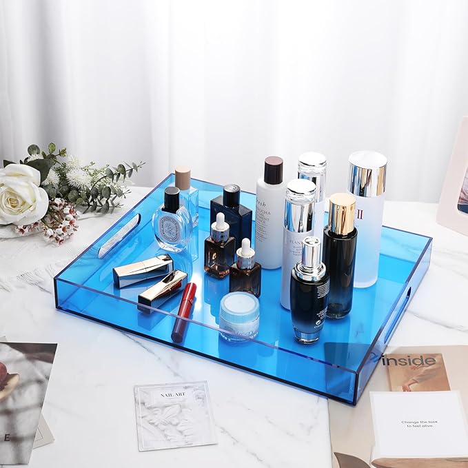 Large Acrylic Tray Ottoman Coffee Table Tray with Handles 17x13'' Decorative Serving Platter for Food Tea Dinner Snack Eating Bar Party, Blue