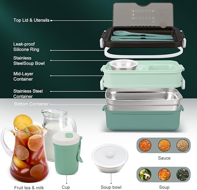 Adult Bento Lunch Box Kit, Bento Boxes Portable Lunch Box, Adult Bento Box with Lunch Bag, Bento Lunch Containers for Women, 1200ml Large Capacity Lunchbox BPA-Free(Green Metal)