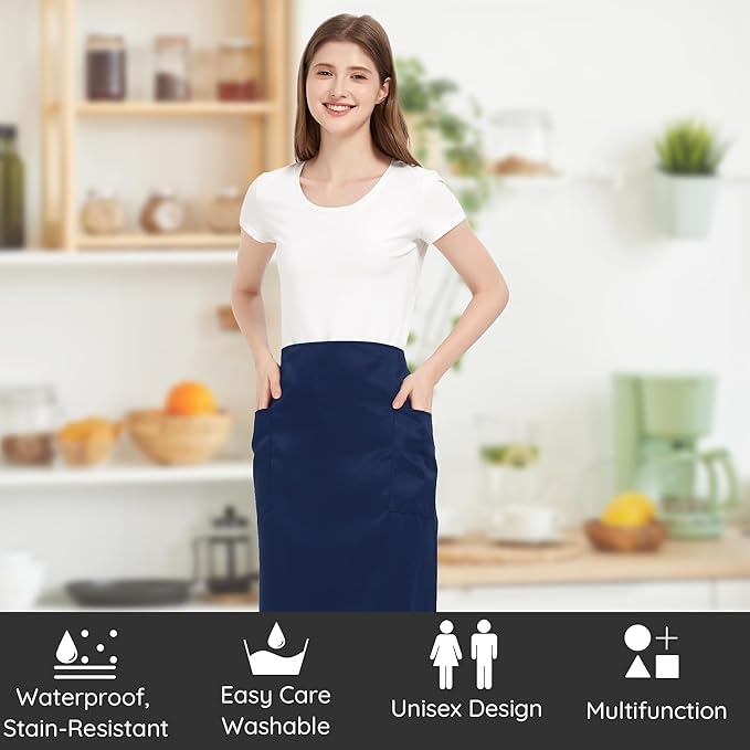 3 Pack Waist Apron with 3 Pockets, Unisex Black Waiter Aprons, Water Resistant Server Aprons for Restaurant Chef Bar