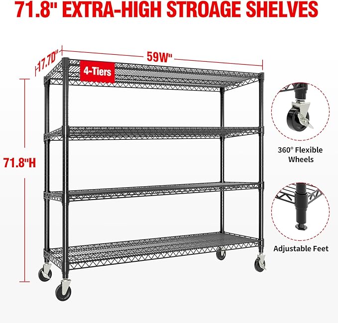59" W Storage Shelves 2640LBS Heavy Duty Garage Shelving Units with Wheels and Adjustable Shelf, 4-Tiers Wire Shelving Rack for Garage Pantry Kitchen Warehouse Industrial
