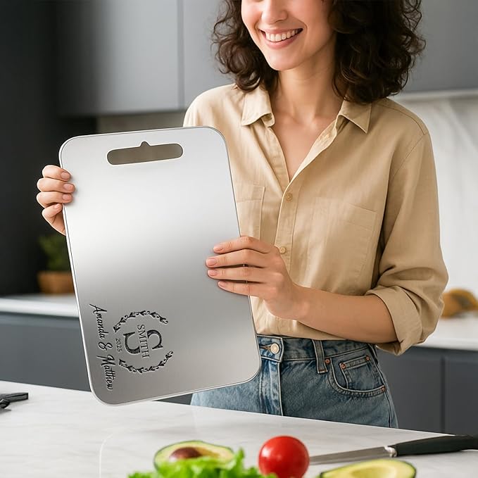 Personalized Titanium Cutting Board for Kitchen, 100% Pure Titanium and Stainless Steel, Double-Sided Cutting Boards, Custom Engraved Gift for Christmas, Housewarming, Wedding, Anniversary