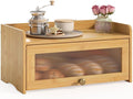 Vintage Bread Box for Kitchen Countertop Large Farmhouse Bread Storage Container under Cabinet Mount Bamboo Breadbox Organizer with Window for Homemade Bread (Bamboo)