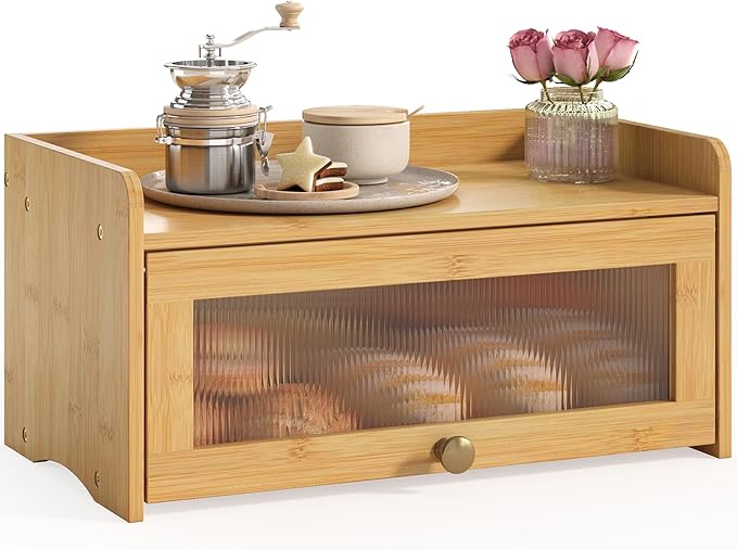 Vintage Bread Box for Kitchen Countertop Large Farmhouse Bread Storage Container under Cabinet Mount Bamboo Breadbox Organizer with Window for Homemade Bread (Bamboo)