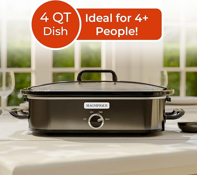 [NEW] MAGNIFIQUE 4-Quart Slow Cooker with Casserole Manual Warm Setting - Perfect Kitchen Small Appliance for Family Dinners, Dishwasher Safe Crock, Stainless Stee