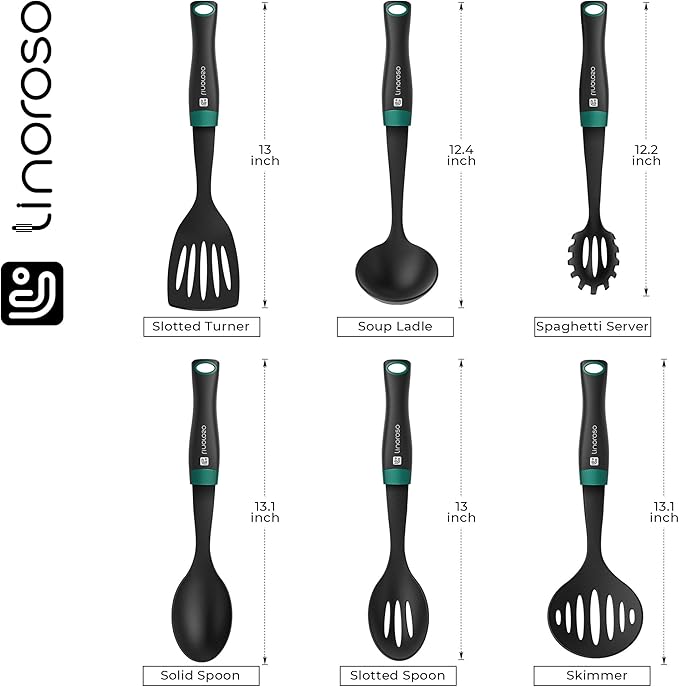 Linoroso Nylon Cooking Utensils Set, 7 Pieces Elevate Kitchen Utensil Set with Exquisite Rotating Stand, Innovative Weighted Handle, Easy to Clean, Black & Peacock Green (BPA Free, Non Toxic)
