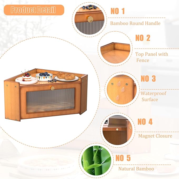 Corner Bread box for Kitchen Countertop, Vintage Wooden Counter Organizer, Bamboo Bread Storage Bin for Homemade Bread, Small Farmhouse Corner Breadbox Container with Acrylic Window, Vintage