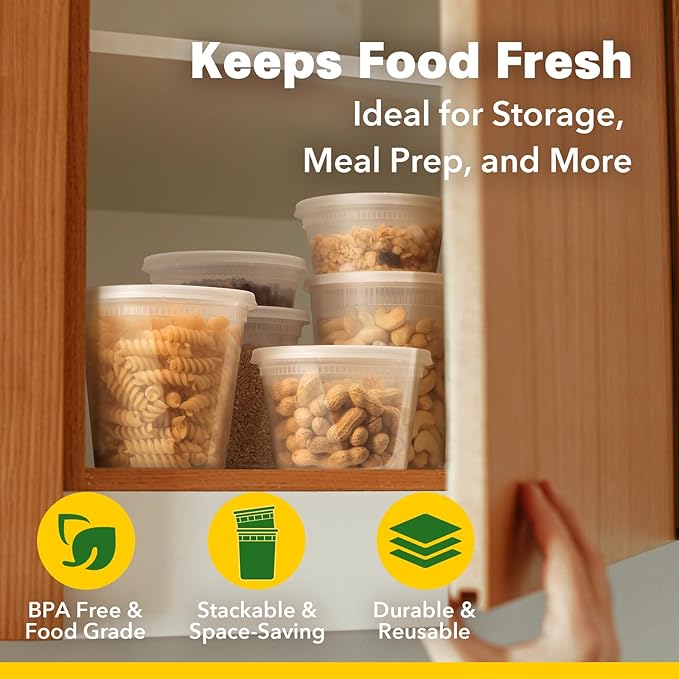 32 oz Deli Containers with Lids [24 Set] – Made in USA, BPA-Free Plastic Food Containers, Freezer & Microwave Safe, Stackable Meal Prep & Soup Storage Containers, Ideal for Takeout & Kitchen Use