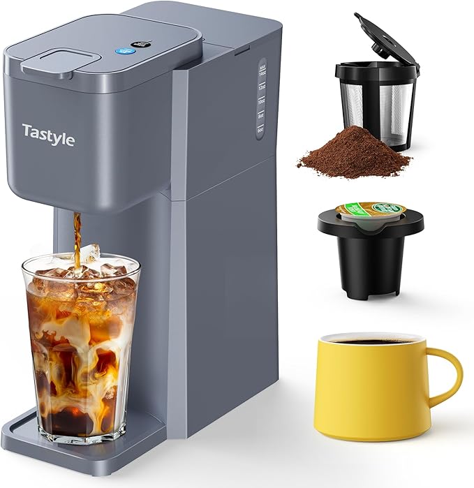 Mini Hot and Iced Coffee Maker Single Serve, for K Cup and Ground, 6 to 14 Oz Brew Sizes, with Recipe Book, for Home, Travel, RV, Office and Dorm, Elegant Gray