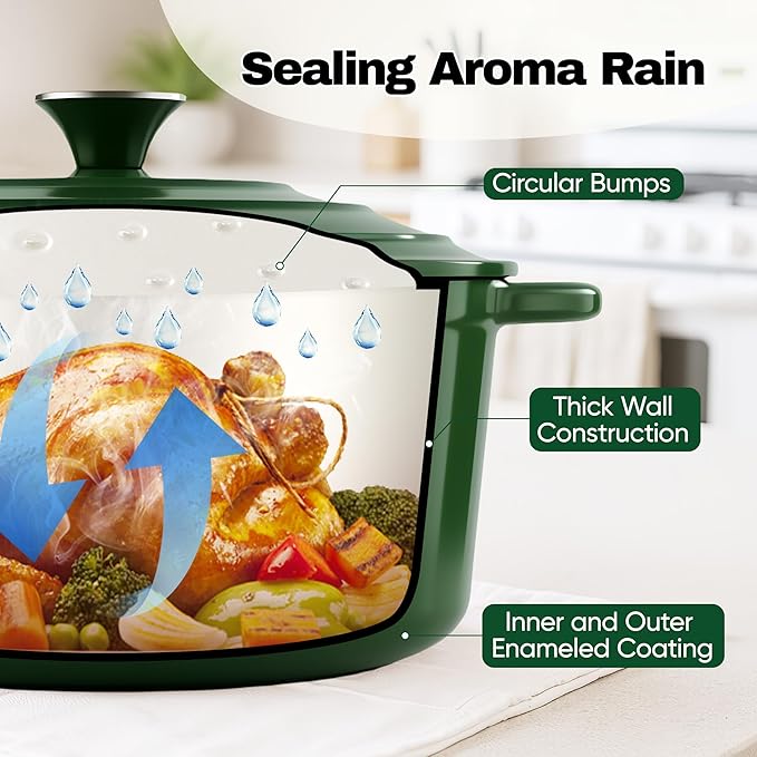 6.5 Quart Dutch Oven Pot with Lid, Non Stick Enameled Cast Iron Dutch Oven for Bread Baking, Heavy-Duty, Oven Safe Ceramic Cookware Up to 500°F for Baking, Braising, Stews, Roasting, Green