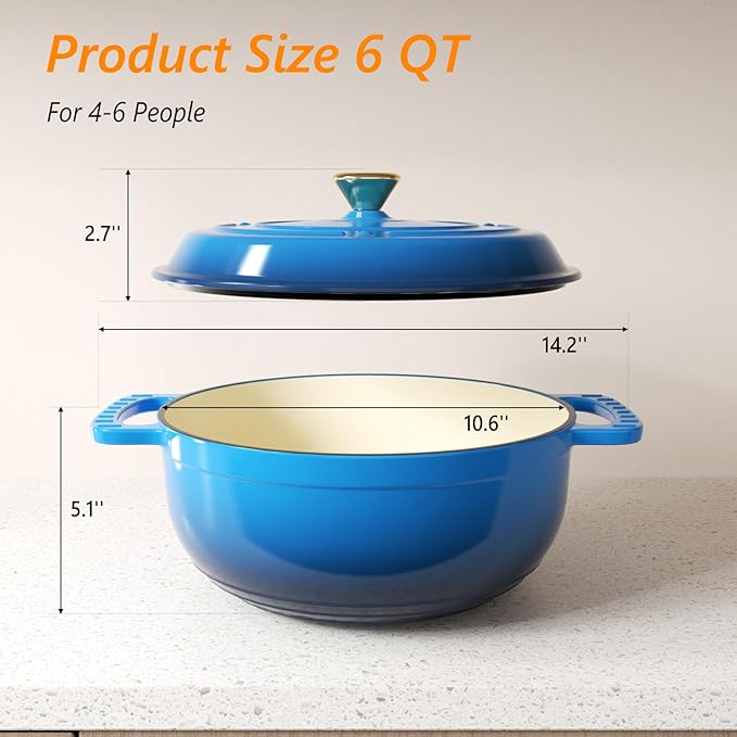 ROVSUN Enameled Cast Iron Round Dutch Oven, 6QT Pot with Lid &Dual Handles with Silicone Gloves,Oven Safe up to 500°F, Heavy-Duty Pre-Seasoned Cookware for Bread Baking, Braising, Stews, Roasting, Blue