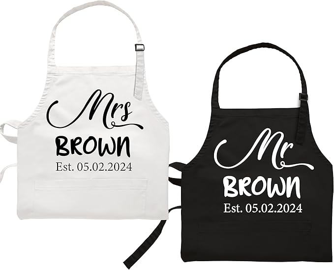 Custom Couple Apron, Personalized Mr Mrs Gift, Anniversary, Bridal Shower, Engagement, Christmas or Wedding Registry Present for Him & Her