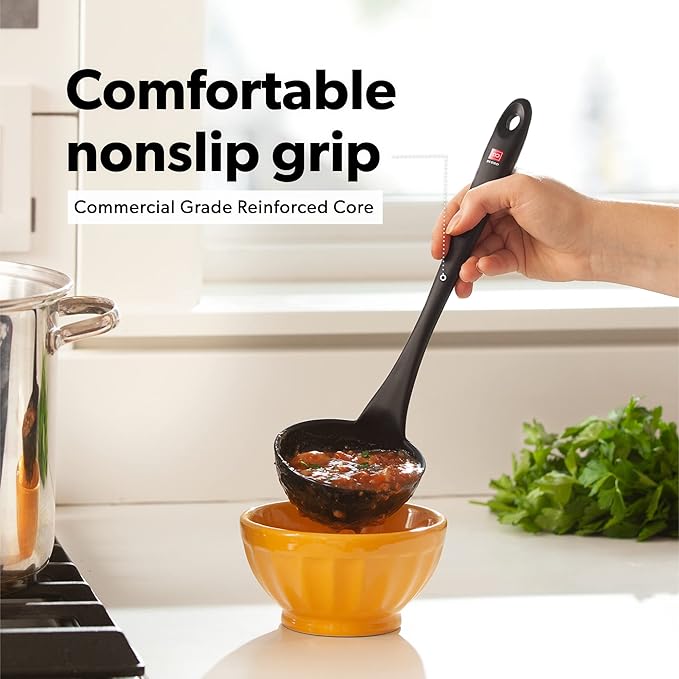 DI ORO Silicone Ladle & Spoons for Cooking – Large Kitchen Spoons for Mixing, Serving, & Stirring - Soup Ladle with Wide Bowl - High Heat Silicone Kitchen Utensils for Nonstick Cookware Safe (Black)