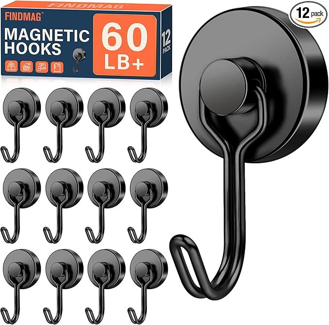 FINDMAG 60 LB+ Magnetic Hooks, 12 Pack Swivel Swing Heavy Duty Neodymium Magnet Hooks for Hanging – Strong Magnet Hooks for Cruise, Refrigerator, Kitchen, Office, Garage, Locker, and Workplace