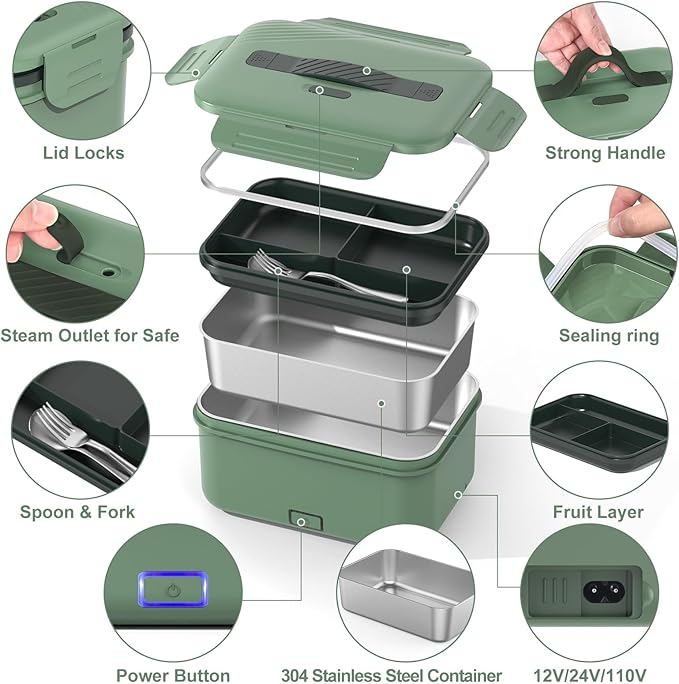 Electric Heated Lunch Box for Car Truck Home 1.8L 100W Portable Food Warmer with 12V/24V/110V/220V Hot Meal for Work Travel Jobsite Camping Christmas Gifts White Elephant Gifts for Adults/Men/Woman