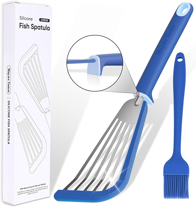 Fish Spatula,600℉ Heat Resistant Silicone Fish Spatula with Basting Brush,for Nonstick Cookware,Flexible Slotted Fishs Turner Spatulas,BPA Free,Dishwasher Safe(Blue)