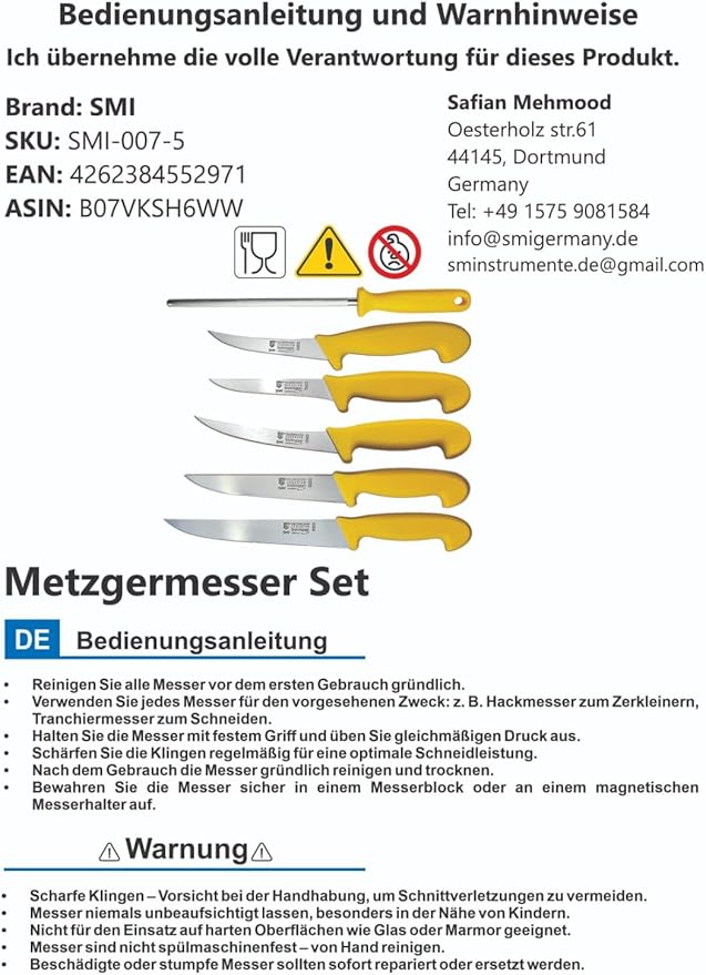 SMI - 6 Pcs Solingen Butcher Knife Set Germany Professional Chef knife Set Boning Knife Sharpening Steel Rod Meat Knife Sharp Kitchen Knives - German steel 1.4116