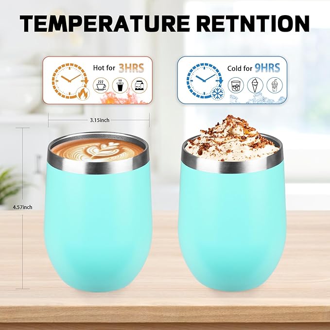 StarSpeed 12oz/12 Pack Wine Tumbler with lid, Stainless Steel Travel Mugs Stemless Double Wall Insulated Coffee Cup, Insulated Wine Glasses Travel Tumbler for Cold & Hot Drinks(Light Green)