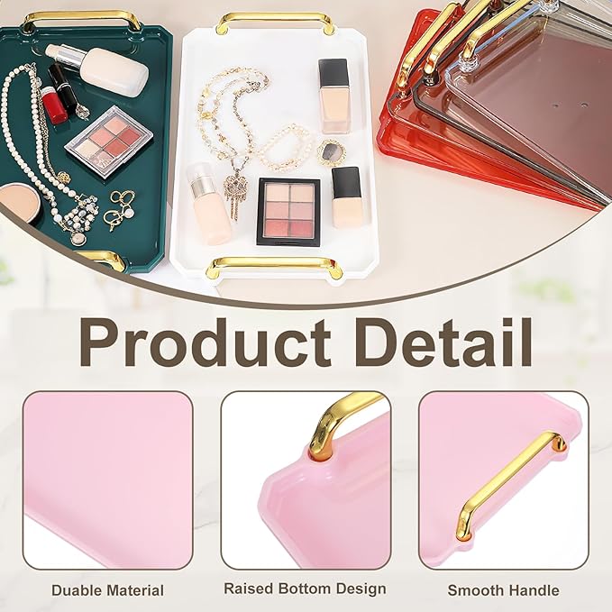 uxcell Plastic Serving Tray with Golden Handle, 16 x 8.7 Modern Rectangular Decorative Tray Acrylic Reusable Tea Platter for Countertop Bathroom Kitchen Home Restaurant, Pink