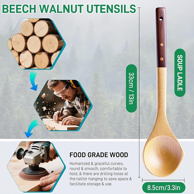 Wooden Soup Ladle – Beech and Walnut Handle Kitchen Utensils for Serving Soup, Sauce, and Pancake Batter – Handcrafted Cooking Ladles for Everyday Use – Durable Wood Design