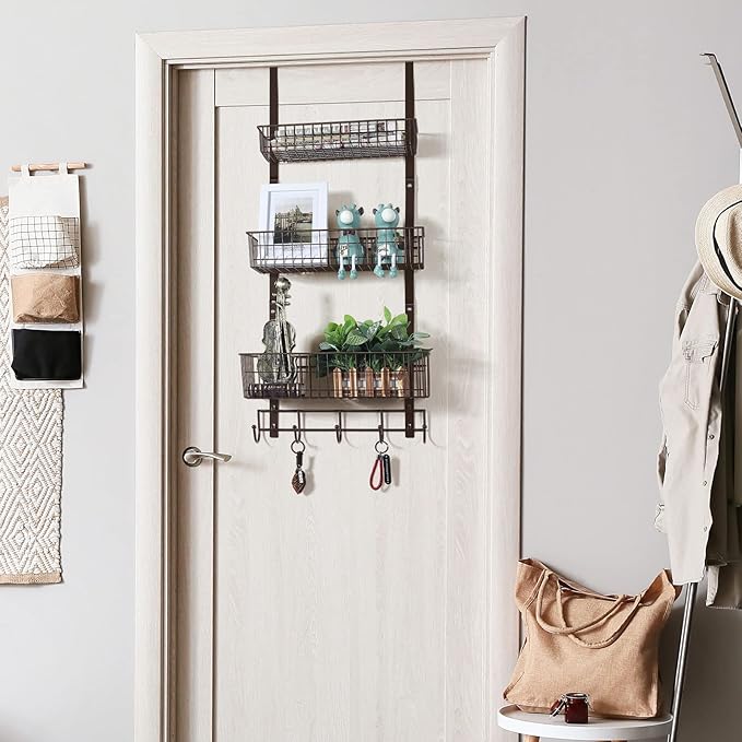Over the Door Basket Organizer 3 Tier Hanging Basket Door Shelf Rack Heavy Duty Over Door Pantry Organizer with 3 Metal Baskets for Kitchen Bathroom Bedroom Living Room, Dark Brown