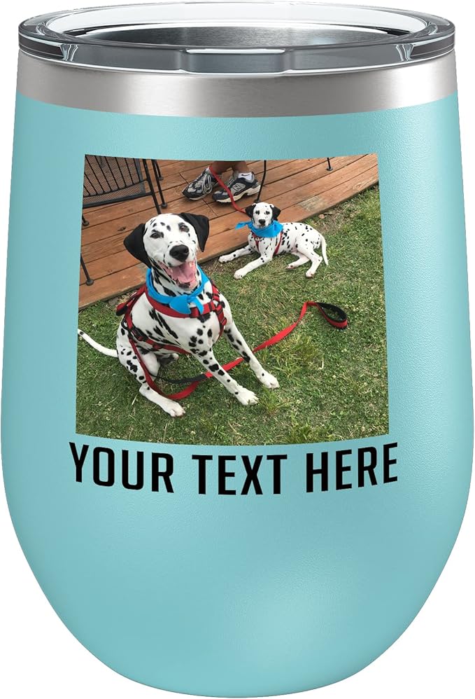 Personalized Mothers Day 12oz Photo Printed Insulated Stainless Steel Powder Coated Stemless Wine Tumbler with Lid, Customized Mum Gift Idea for Her, Custom Mom Coach Gifts Team Mom Dad (Teal)