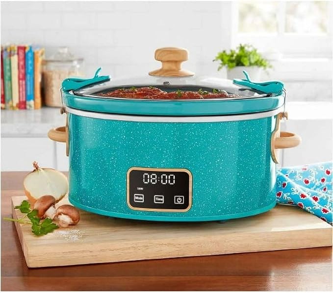 Pioneer Woman 6-Quart Digital Slow Cooker with Locking Lid, Teal Speckle – Programmable Family-Size Crock Pot