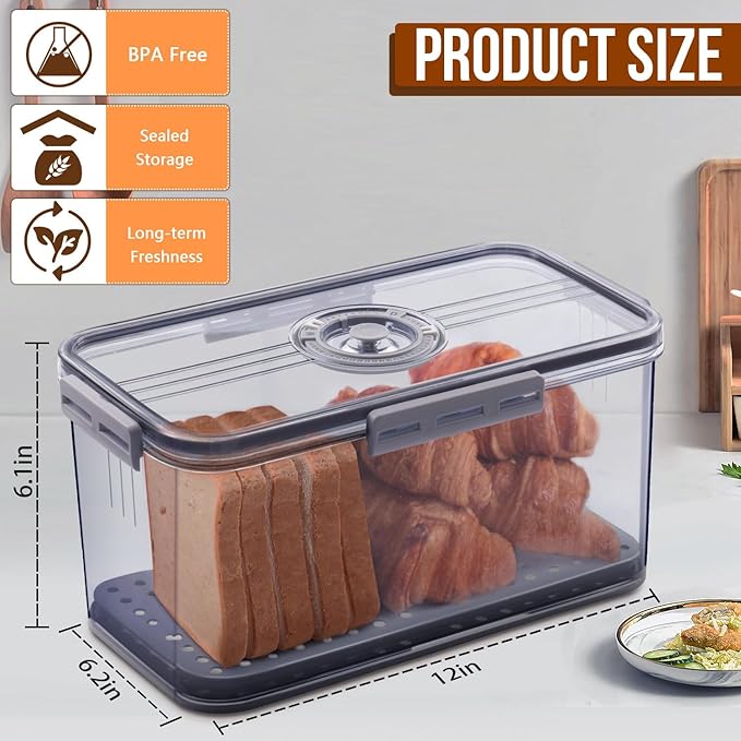 2Pcs Bread Box Bread Boxes for Kitchen Counter Airtight, Double Time Recording Bread Storage Container with Lid, 2 Bread Keeper for Homemade Bread, Toast, Bagel, Donut and Cookies, Grey