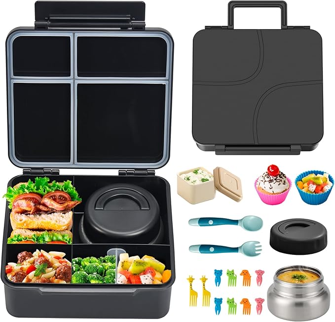 JSLOVE Bento Lunch Box with Leak Proof Thermos Food Jar for Kids, Food Lunch Containers for Boys with 4 Compartments, BPA-Free with Utensils, Food Picks, Sauce Jar & Silicone Lunch Box Dividers