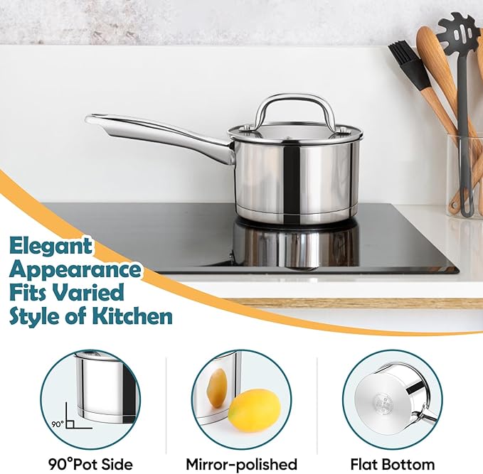 P&P CHEF 1 Quart Saucepan with Lid Set, Stainless Steel Small Cooking Pot Induction Sauce Pan for Pasta Soup, Ergonomic Handle & Tri-ply Base, Dishwasher Safe, 1 Pan